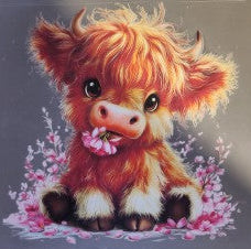 Highland Cow w/pink flowers HT