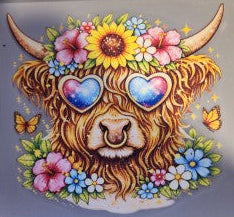 Highland Cow with Glasses and Flowers HT