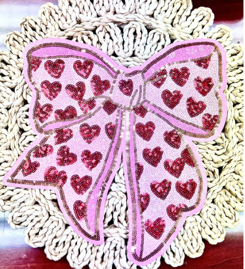 11" Pink Hearts Coquette Bow Sequin Iron On Patch