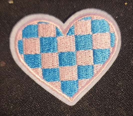 Pink/Blue Checkered Heart Iron On Patch