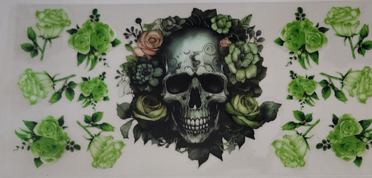 Skull and Green Roses UV DTF Transfers 16oz Cup Wrap
