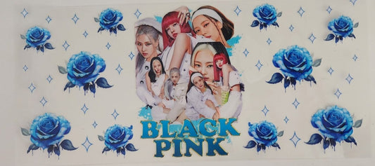 Black Pink with Blue Roses UV DTF Transfers 16oz Cup Wrap